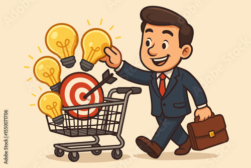 Ambitious businessman shopping for bright ideas and business concepts, target and light bulbs in cart, entrepreneur innovation, creative thinking, startup strategy, vector cartoon illustration