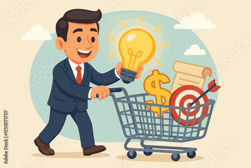 Businessman Shopping for Ideas and Success. Light Bulb, Dollar Sign, Target, Scroll in Shopping Cart. Innovation, Investment, Creative Solutions, Market Strategy Concept. Vector Cartoon Illustration