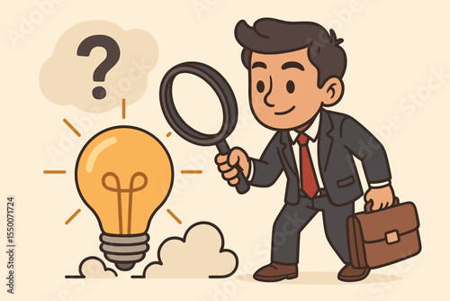 Cartoon businessman analyzing startup idea with magnifying glass, validating business concept, searching for solutions, problem solving, innovation, creativity, decision making, vector illustration