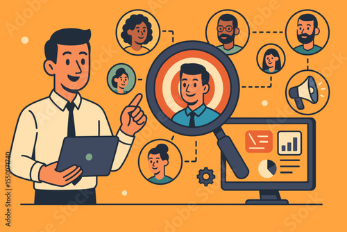Targeted customer segmentation marketing analysis concept. Businessman choosing audience. Magnifying glass, target, network, computer with analytics. Digital advertising campaign vector illustration