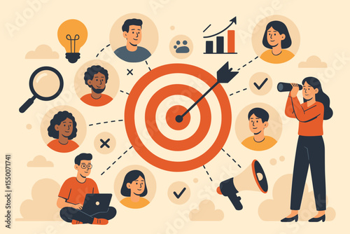 Targeted Customer Segmentation Analysis, Marketing Campaign Strategy, Business Target Audience, Market Research, Data Analysis Concept, Teamwork, Vector Illustration