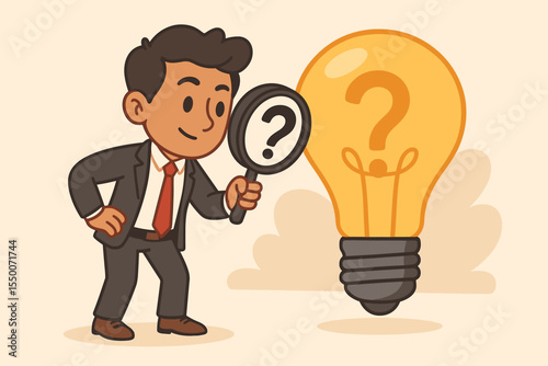 Cartoon businessman examining light bulb with magnifying glass, searching for innovative solutions, validating startup idea, analyzing problem, creative thinking, business strategy, concept discovery