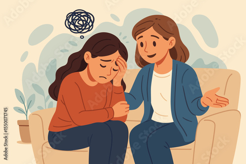 Compassionate woman comforting anxious friend on couch, emotional support, mental health care, empathy, counseling, overcoming stress and depression, psychological help, vector illustration