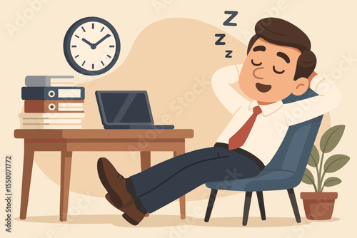 Businessman Relaxing at Office Desk Taking Break for Rest, Sleep, and Relaxation Concept. Cartoon Vector Illustration of Overworked Employee Practicing Time Management in Workplace Setting