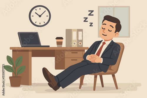 Office worker relaxing during work break, businessman sleeping at desk, time management rest concept, stress relief, corporate burnout, productivity, cartoon vector illustration, workplace fatigue