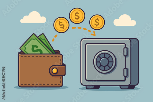 Safe Money Transfer Concept. Wallet with Cash, Coins Moving to Safe Deposit Box. Financial Security, Savings, Banking, Investment, Secure Transaction, Wealth Protection. Vector Illustration