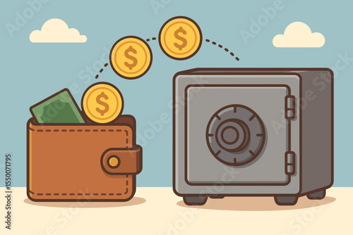 Money transfer savings secure wallet to safe. Financial security deposit concept. Banking investment, cash management. Cartoon coins move to vault. Vector illustration for finance, savings, banking