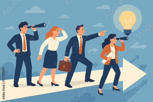 Business Team Vision Strategy, Future Opportunity Search, Decision Making, Leadership and Innovation, Direction and Development, People Seeking New Ideas, Success, Cartoon Vector Illustration