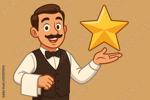 Elegant waiter cartoon character in classic uniform presenting golden star symbol, premium five star service, customer satisfaction, hotel restaurant hospitality, vector illustration