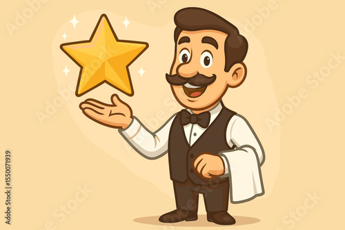 Cartoon waiter holding golden star symbolizing five star premium service, high quality restaurant hospitality, excellence award, luxury dining satisfaction concept vector illustration