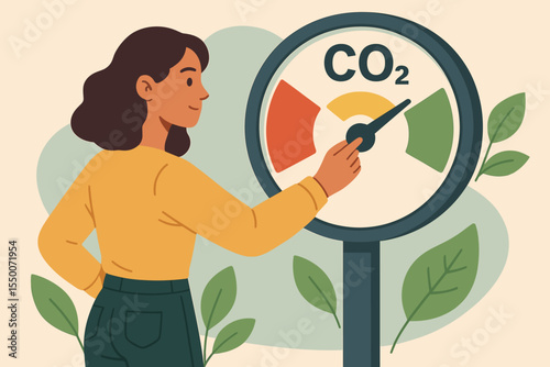 Woman Adjusting CO2 Emissions Gauge, Climate Change Awareness, Carbon Footprint Reduction, Decarbonization, Net Zero Emissions, Sustainable Energy, Environmental Responsibility Vector Illustration
