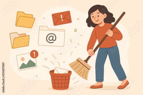 Woman cleaning digital clutter, deleting spam emails, removing unnecessary files, organizing folders, managing inbox, digital cleanup concept, productivity illustration, workflow organization
