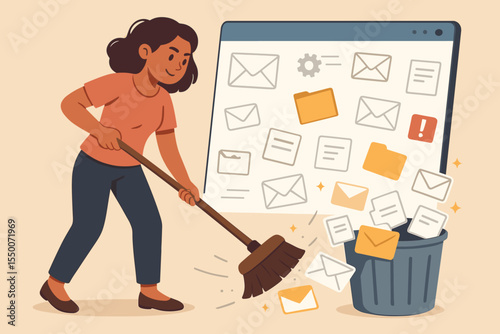 Woman cleaning up digital clutter deleting spam emails and files from inbox to trash bin. Concept of digital organization, email management, productivity, online decluttering, cyber hygiene vector