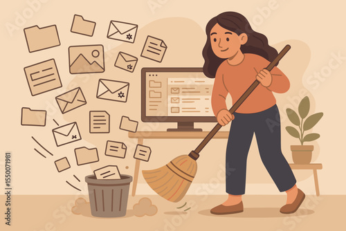 Digital Decluttering Concept, Woman Sweeping Unwanted Files, Folders, Spam Emails, and Documents into Trash Bin, Organizing Inbox, Clean Workspace, Productivity, Vector Cartoon Illustration