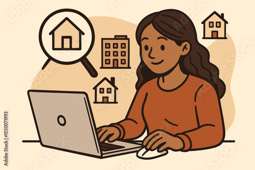 Woman browsing real estate listings online. Female house hunter searching property, apartment, home investment, buying rental, virtual home search, digital realty concept, cartoon vector illustration