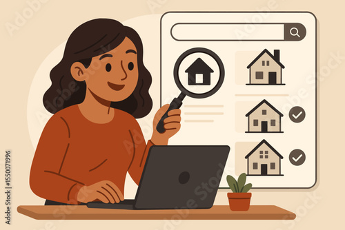 Woman Searching for Dream Home or Property Investment Online, Real Estate Buyer Comparison with Laptop and Magnifying Glass, Modern House Hunting, Apartment Selection Vector Illustration