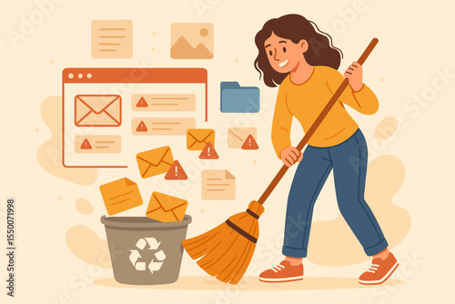 Woman Cleaning Digital Clutter, Sweeping Spam Emails and Unnecessary Files to Trash Bin, Cyber Hygiene, Email Inbox Organization, Data Management, Computer Cleanup, Vector Cartoon Illustration