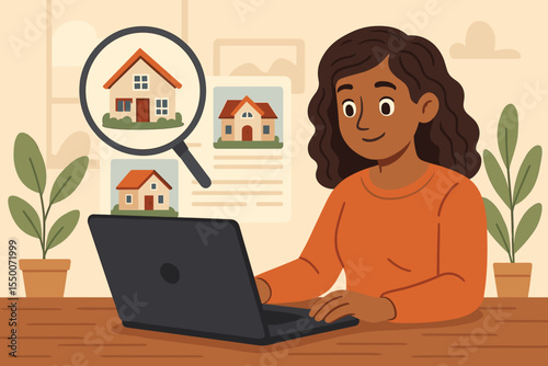 Young woman searching for real estate property online using laptop. Home buying, house hunting, digital property investment, female buyer, modern technology. Cozy workspace, cartoon illustration