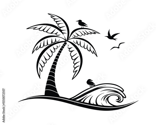 Stylized Palm Tree on Ocean Wave with Birds Silhouette