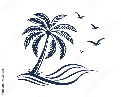 Stylized Palm Tree on Beach with Ocean Waves and Flying Birds