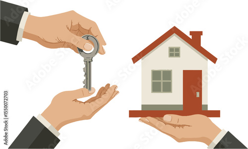 Vector illustration of one hand holding a silver house key other hand holding a small model house, easily editable and scalable.