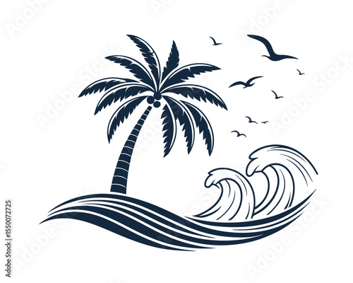 Stylized Palm Tree on Island with Ocean Waves and Birds