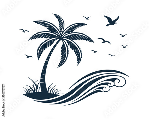 Stylized Palm Tree on Island with Ocean Waves and Birds