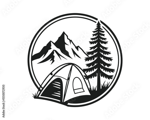 Camping Tent in Mountains with Pine Tree Graphic Design