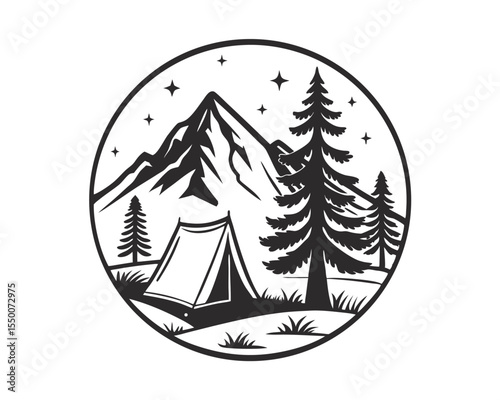 Camping Tent in Mountain Landscape Night Scene Graphic Design