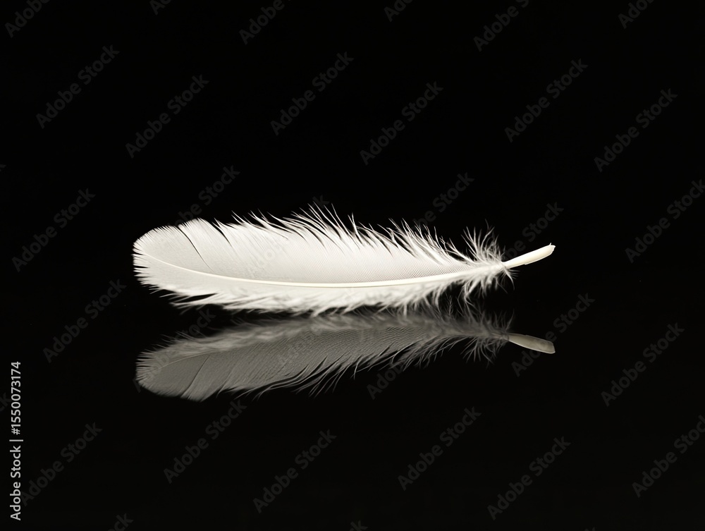 Obraz premium A single white feather on a dark reflective surface