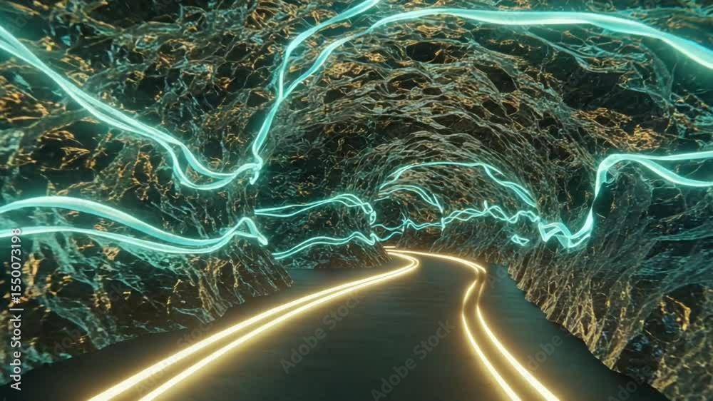 Futuristic glowing tunnel with winding path and lights