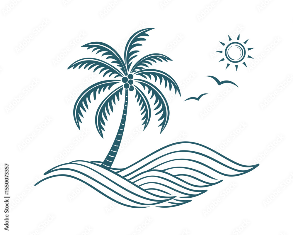 Naklejka premium Stylized Palm Tree on Ocean Waves with Sun and Birds