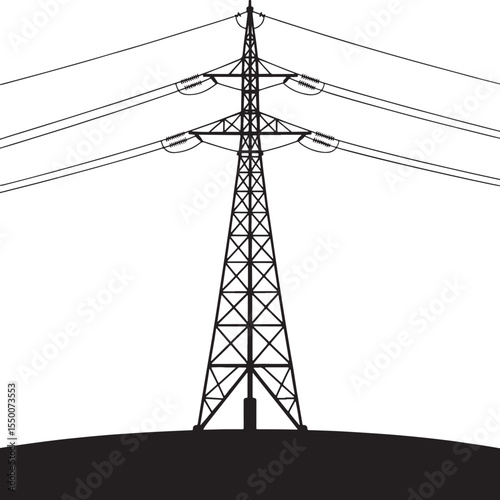 A stark black silhouette of a tall electricity pylon with power lines against a white background
