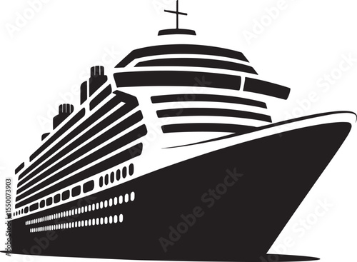 Modern cruise ship with multiple decks and smokestacks viewed from the front in a black silhouette