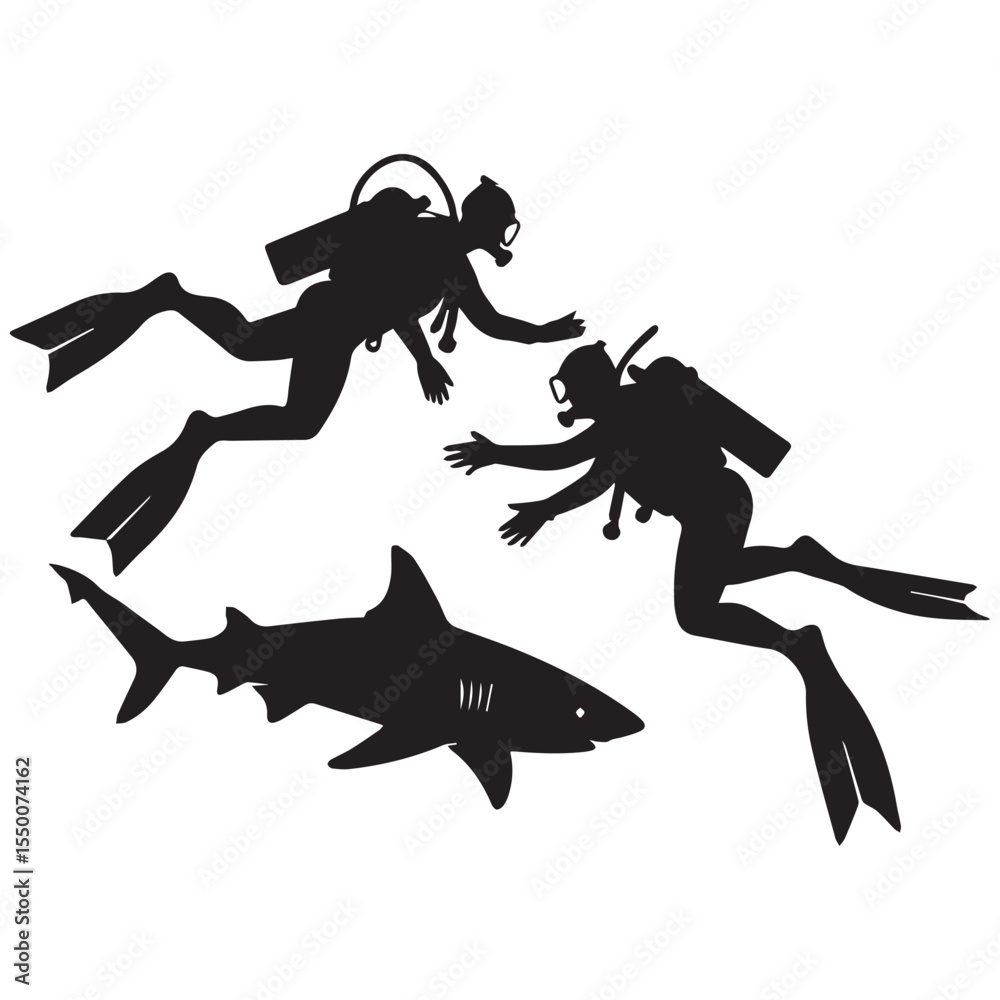 Two silhouette scuba divers swimming near a shark in the ocean