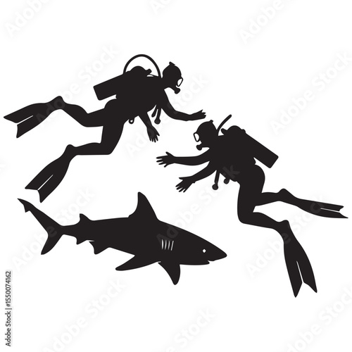 Two silhouette scuba divers swimming near a shark in the ocean