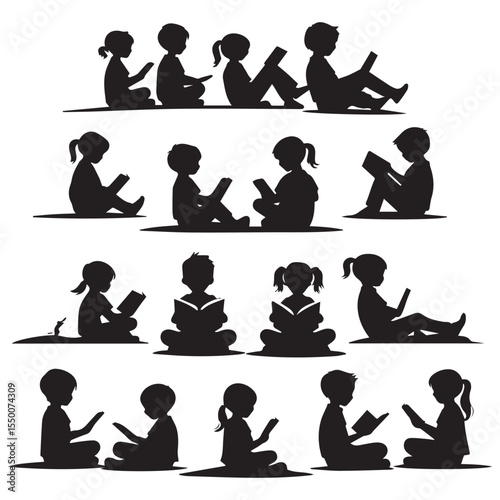 Diverse group of children silhouettes reading books together in various seated positions