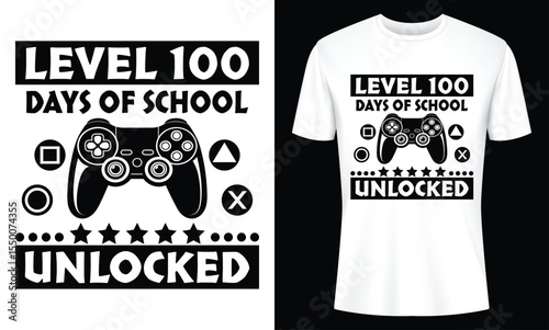 Level 100 Days of School Unlocked Gamer T-Shirt Design  Perfect for Kids Students celebrating milestone achievement