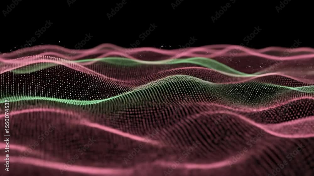 Fundo preto abstrato com ondas e pontos nas cores rosa e verde, vídeo de motion design, footage