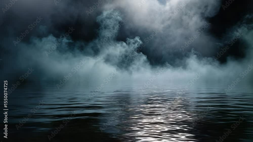 A mysterious mist swirls over a dark water surface, creating a mystical and atmospheric scene. Ideal for horror or drama backgrounds. Emphasizes uncertainty, ideal for meditative or disturbing themes.