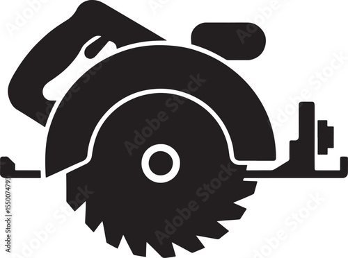 Close up side view of a black circular saw tool with sharp teeth and a handle silhouette