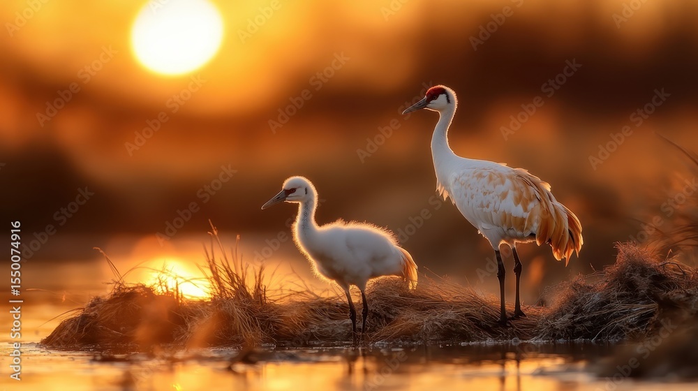 Fototapeta premium Two cranes stand gracefully on the water's edge, beautifully silhouetted against a breathtaking sunset, symbolizing tranquility and the beauty of nature.