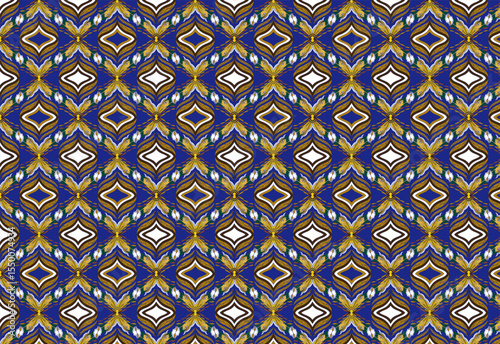 Royal classic seamless fabric pattern with leaves, wheat, and an eagle. Natural earth tones on a blue background. Luxurious, organic, perfect for textiles and decor