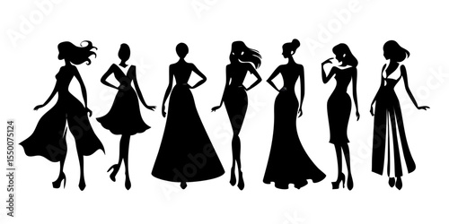Elegant Women Silhouettes Collection – Fashionable Female Poses in Dresses Isolated on White Background

