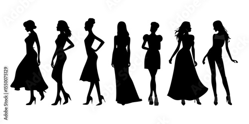 Elegant Women Silhouettes Collection – Fashionable Female Poses in Dresses Isolated on White Background

