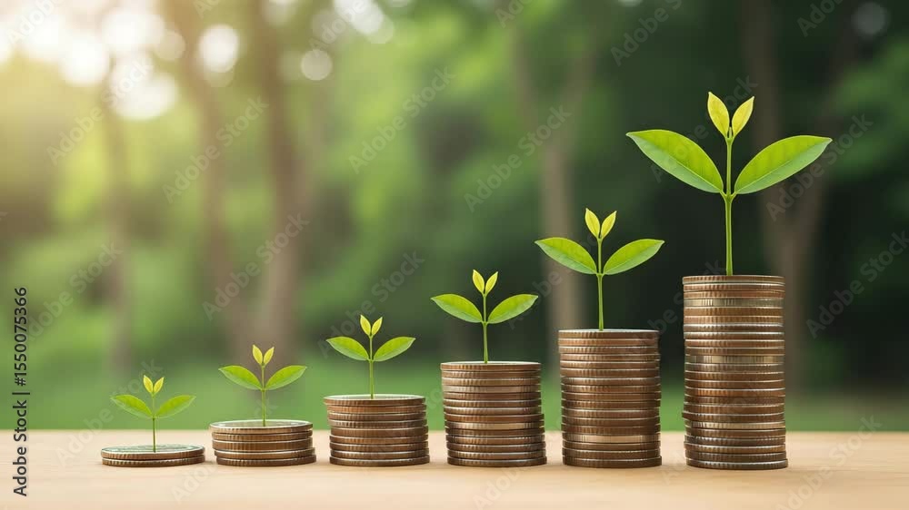 Stacks of coins with small plants growing out of them in a row on a table with a green background