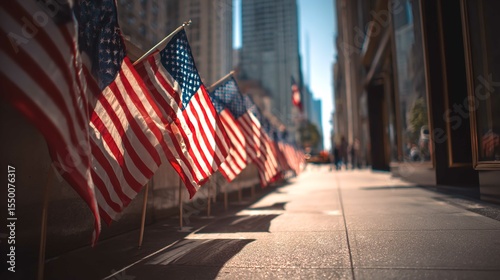 A patriotic display of American flags lining a city street celebrating freedom and unity with urban architecture and