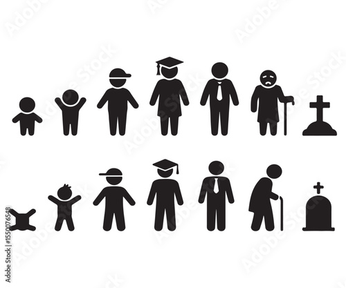 Human life cycle stages from birth to death represented by stick figures and gravestones