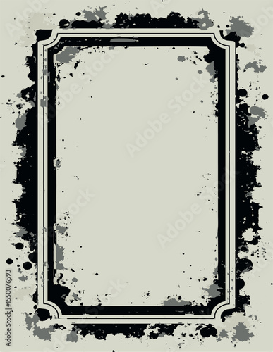 Vertical grunge frame with prominent ink splatters and distressed textures. Perfect for certificates, posters, invitations, or any design that needs an artistic and original touch.