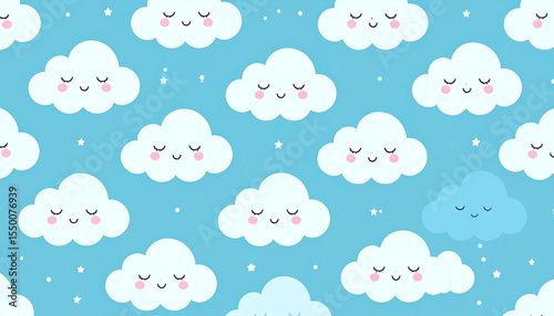 Repeating pattern of cute, smiling, light-blue and white clouds on a teal background, dotted with small white stars